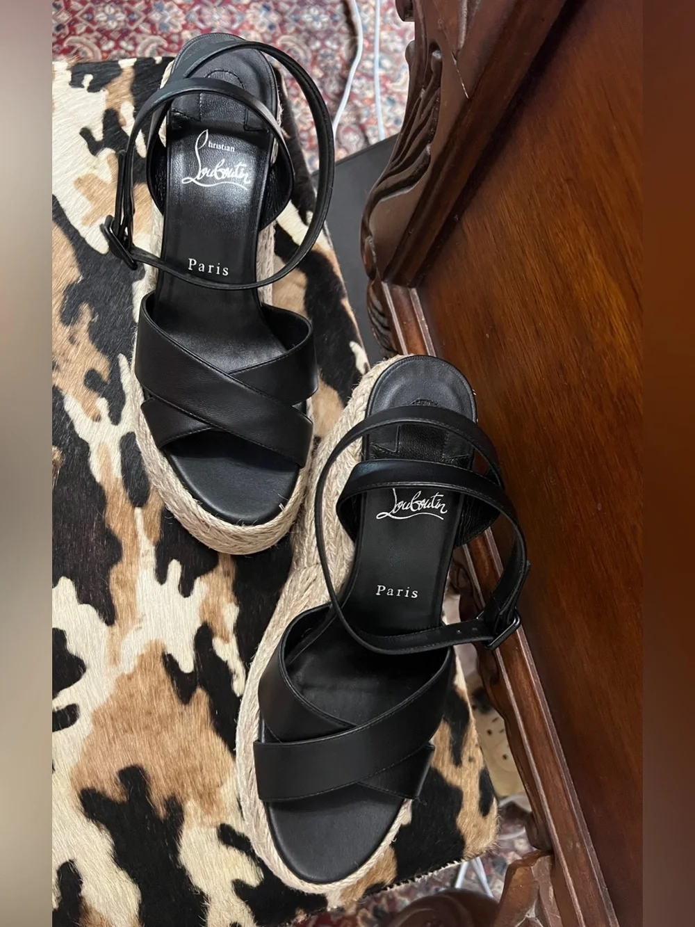 Christian Louboutin Mariza Zeppa Black Leather Espadrille Wedge Sandals 39 NWOT